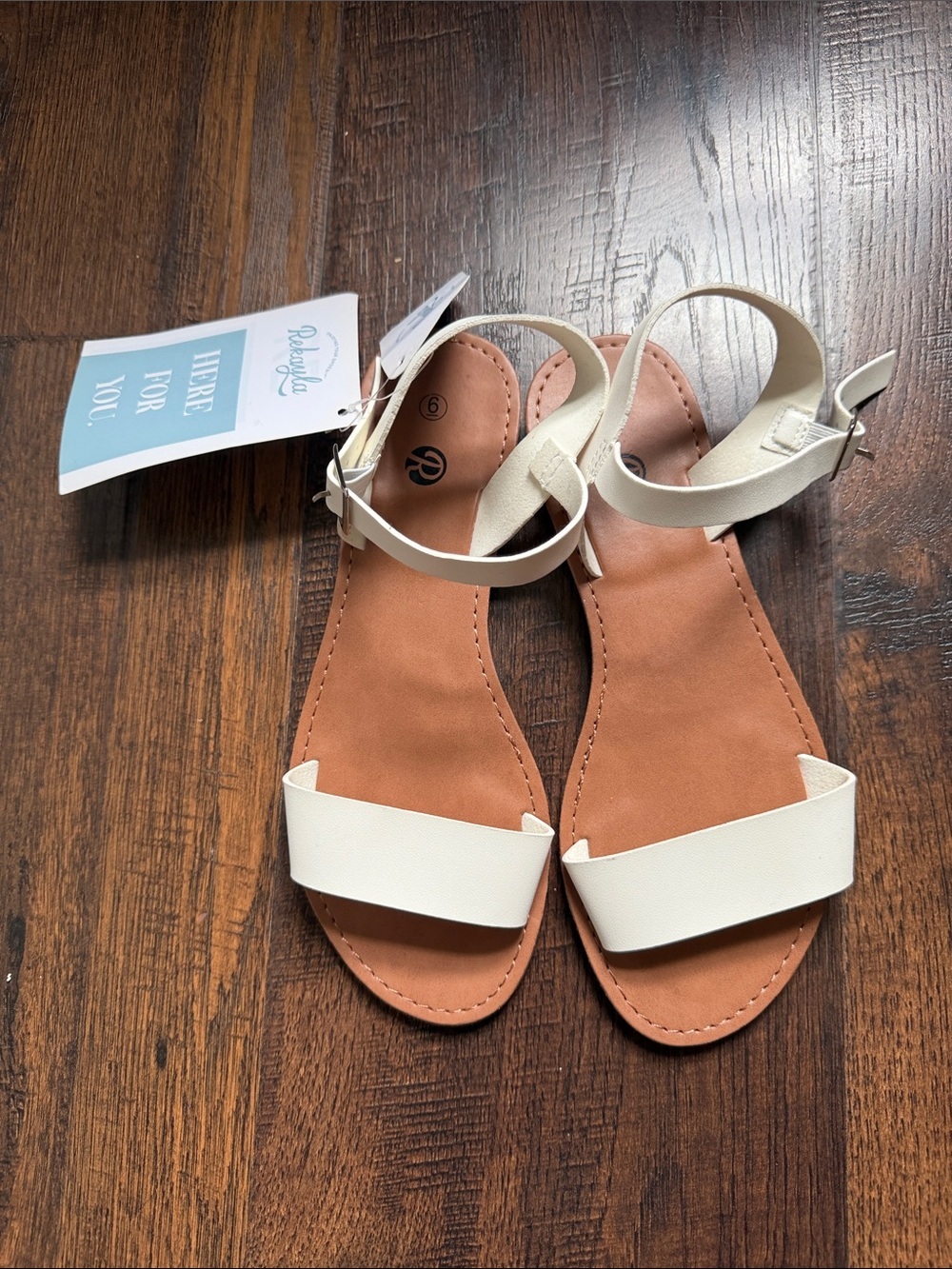 Rekayla White Flat Sandals with Ankle Strap and Adjustable Buckle. Size 6 NWT